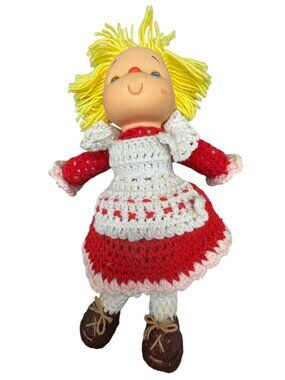Vintage Handmade Crochet Doll With Yellow Yarn Hair & Red Dress Apron 14" READ